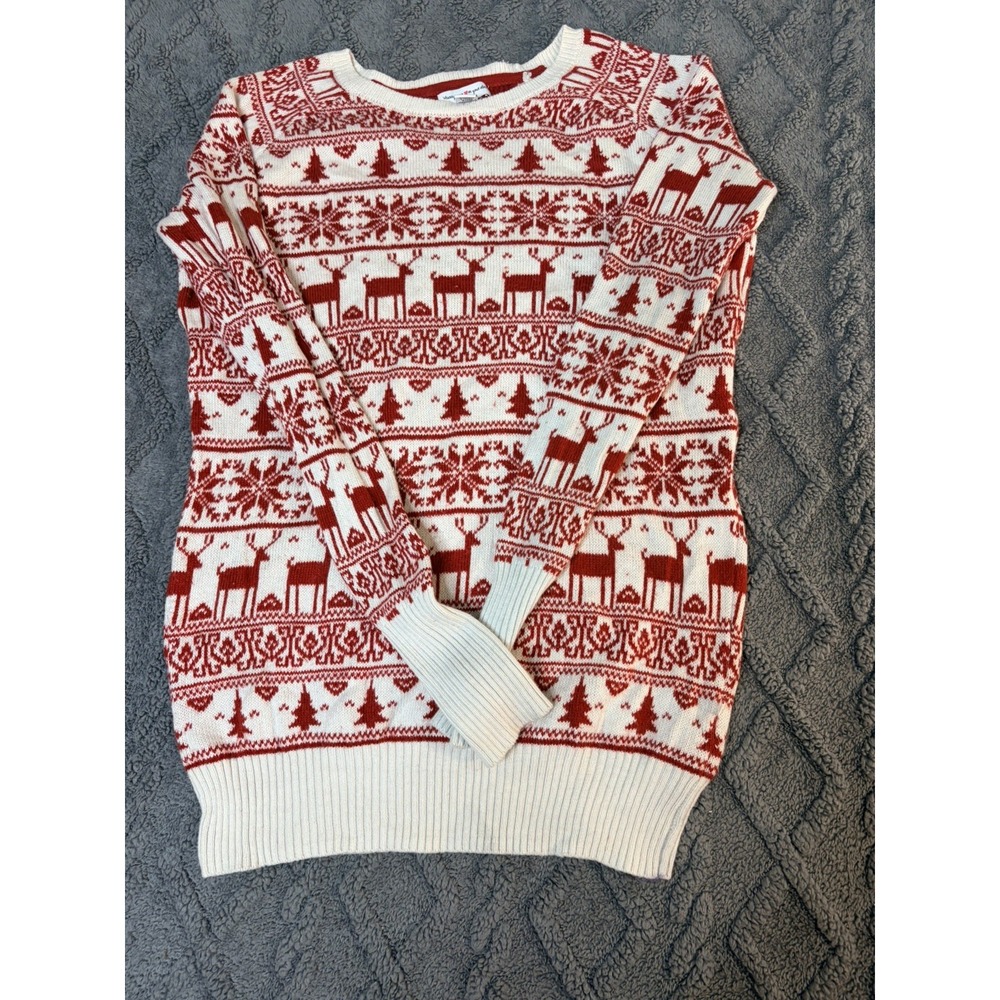 🎄🤶🎁Red & White Fair Isle Festive Christmas Sweater Reindeer Snowflakes Hearts